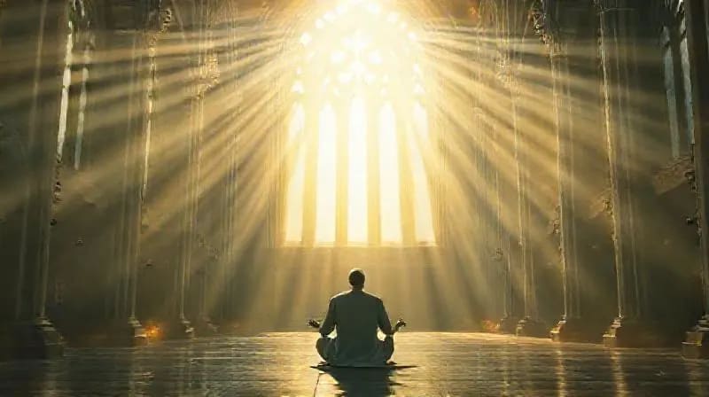 Figura en meditación, luz divina, símbolos espirituales