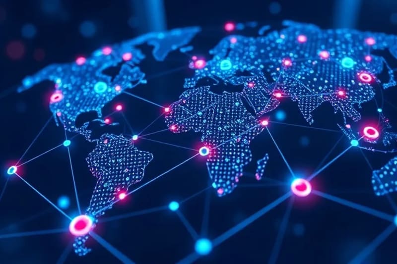 Render 3D abstracto de una red financiera global con nodos brillantes que representan mercados emergentes, donde la tecnología blockchain se visualiza como una red robusta y descentralizada.