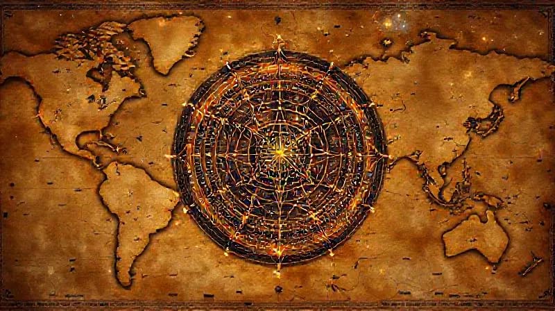 A detailed still-life of ancient astronomical tools like an astrolabe and a celestial globe, with subtle glowing lines connecting constellations on the globe to specific points on a weathered world map, symbolizing cosmic influence.