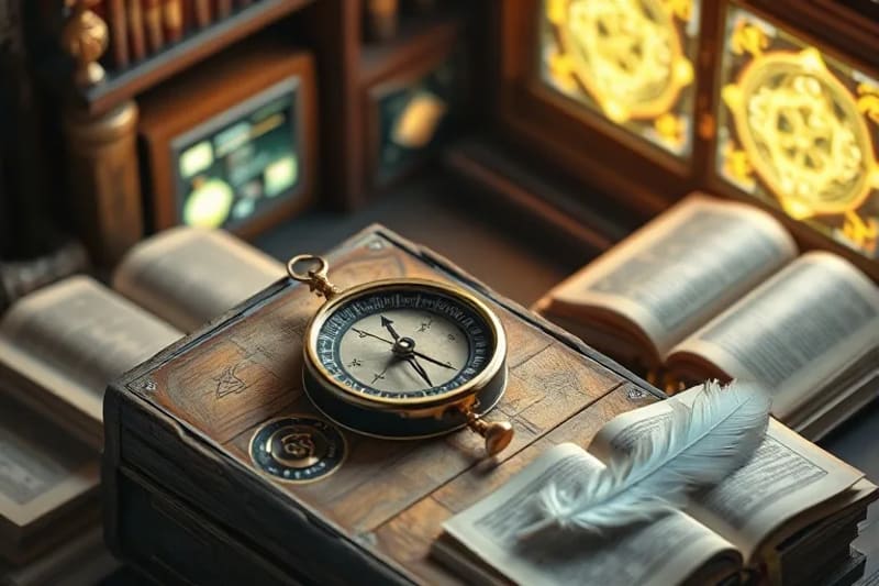 Brújula antigua sobre madera con luz celestial, rodeada de libros y una pluma, simbolizando la búsqueda de la verdad y el discernimiento espiritual.