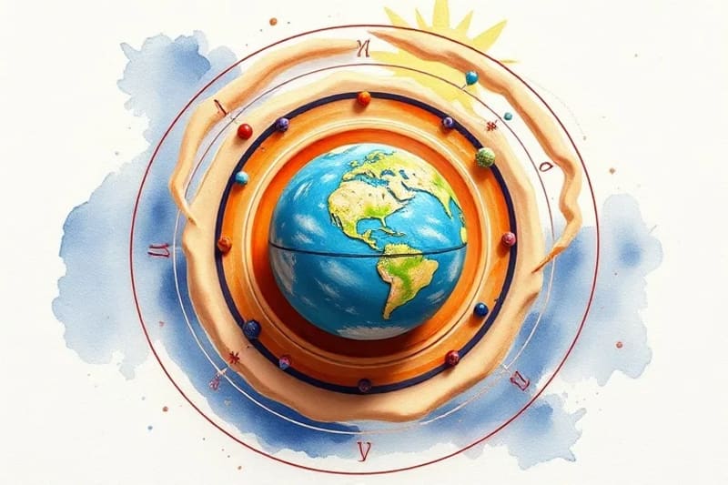 Watercolor painting of planetary orbits casting subtle energetic fields towards Earth, conveying cosmic rhythm.