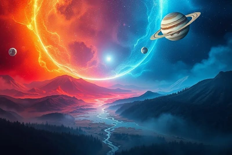 Flujos de energía planetaria que impactan la Tierra, con colores que representan diferentes influencias climáticas como calor, lluvia y viento, sobre paisajes variados.