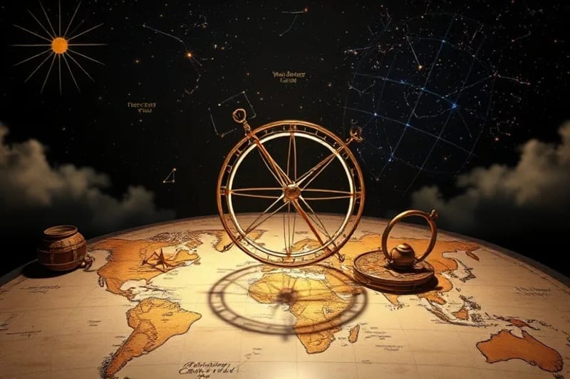 Bodegón de herramientas astrológicas antiguas como una esfera armilar y un astrolabio, con proyecciones holográficas de fenómenos solares y nubes, simbolizando la fusión de sabiduría ancestral y datos climáticos.