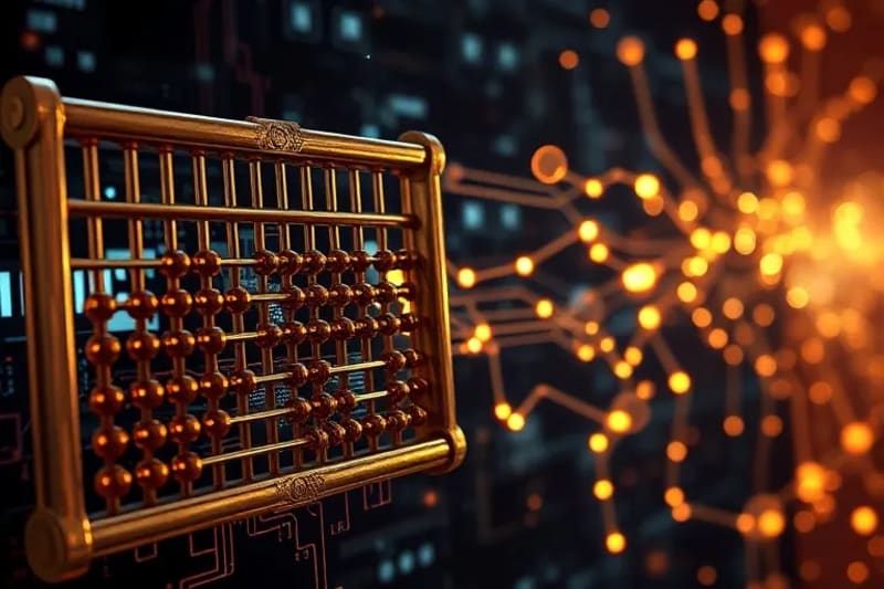 Vector art showing evolution from abacus to circuit boards and neural networks
