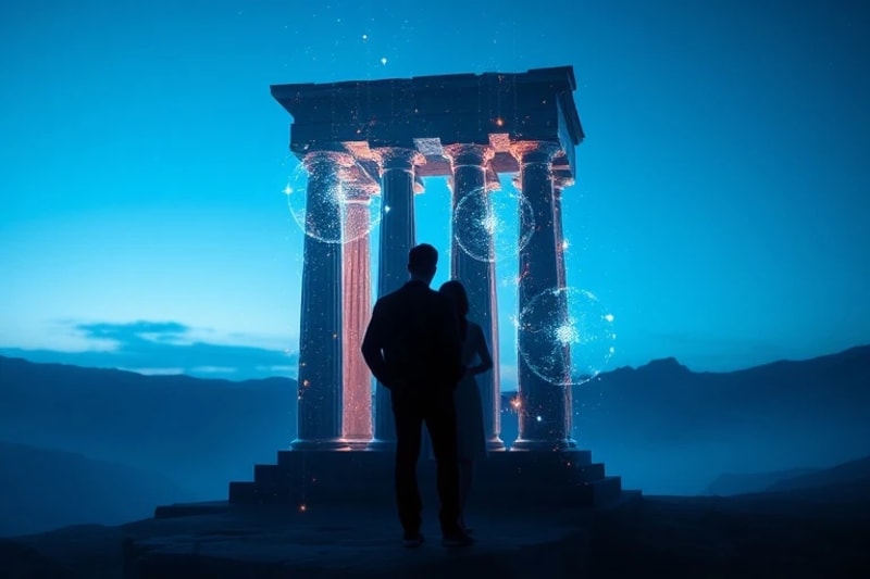 3D digital art of glowing quantum bits forming ancient column shapes