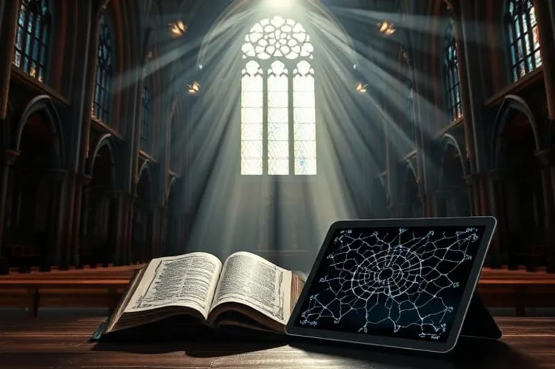 Un libro de oraciones antiguo abierto junto a una tableta moderna que muestra algoritmos, simbolizando la fusión de tradición y tecnología en la espiritualidad.