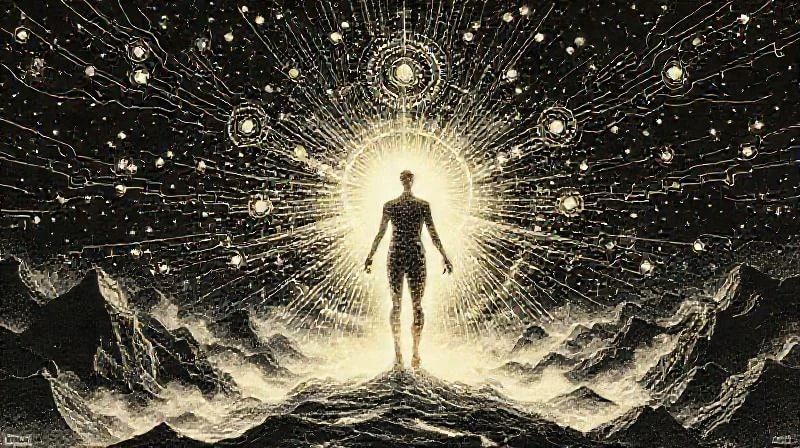Una figura humana translúcida y luminosa en un paisaje cósmico, conectada por haces de luz y datos, simbolizando la evolución humana en la era de la IA.