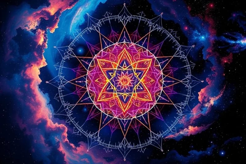 Abstract digital painting of personal transformation with cosmic flower and energetic patterns