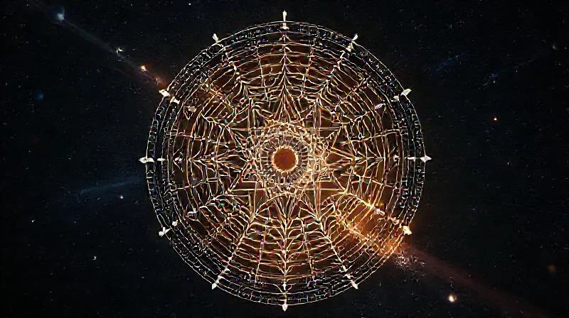 3D render of a stylized natal chart with dwarf planet glyphs and cosmic elements