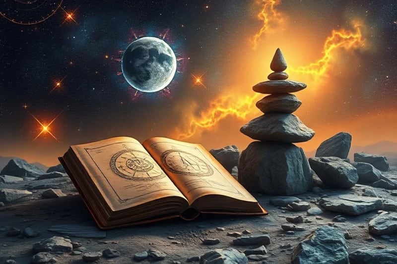 Libro abierto con símbolos astrológicos y una pila de piedras equilibradas, representando la sabiduría y la estructura de las lecciones aprendidas.