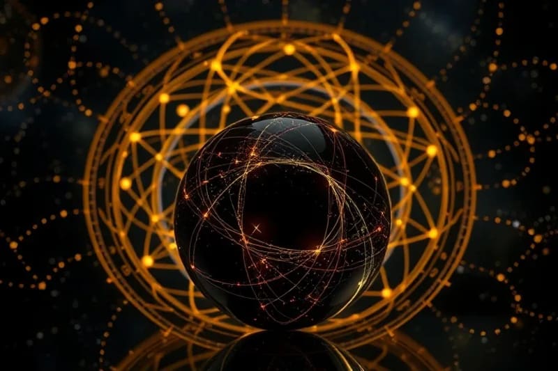 Intrincados hilos dorados entrelazados sobre un fondo cósmico, convergiendo hacia una esfera de obsidiana que refleja la luz, simbolizando el karma y la introspección.