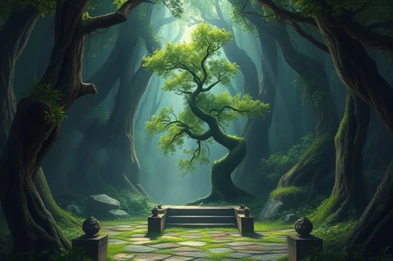 Altar antiguo cubierto de musgo en un bosque brumoso, con un brote de planta emergiendo de las piedras, simbolizando la sabiduría ecológica olvidada y la resiliencia de la naturaleza.