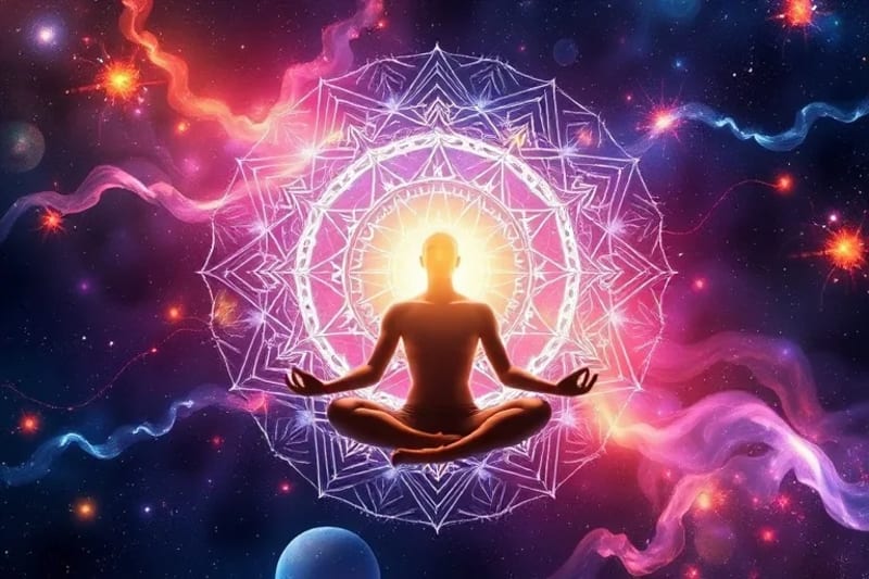 Person meditating with sound frequencies