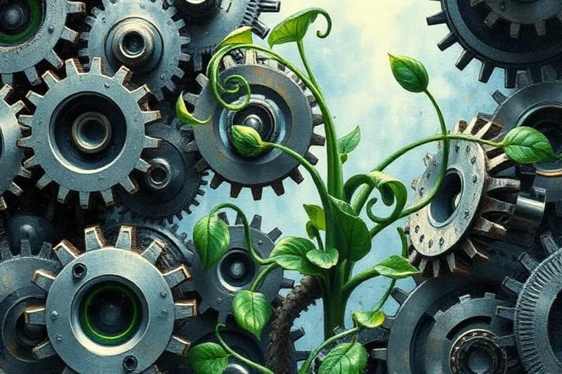 Intertwined gears and organic plant tendrils symbolizing the fusion of business and sustainability.