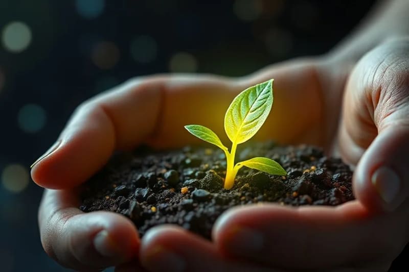 A delicate, glowing seed sprouting from soil, nurtured by hands, symbolizing growth of purpose-driven ventures.