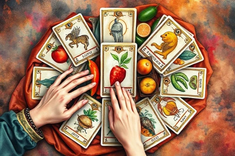 Mesa con cartas de tarot y elementos culinarios simbólicos