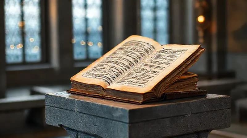 Libro de oraciones antiguo sobre altar de piedra con luz suave