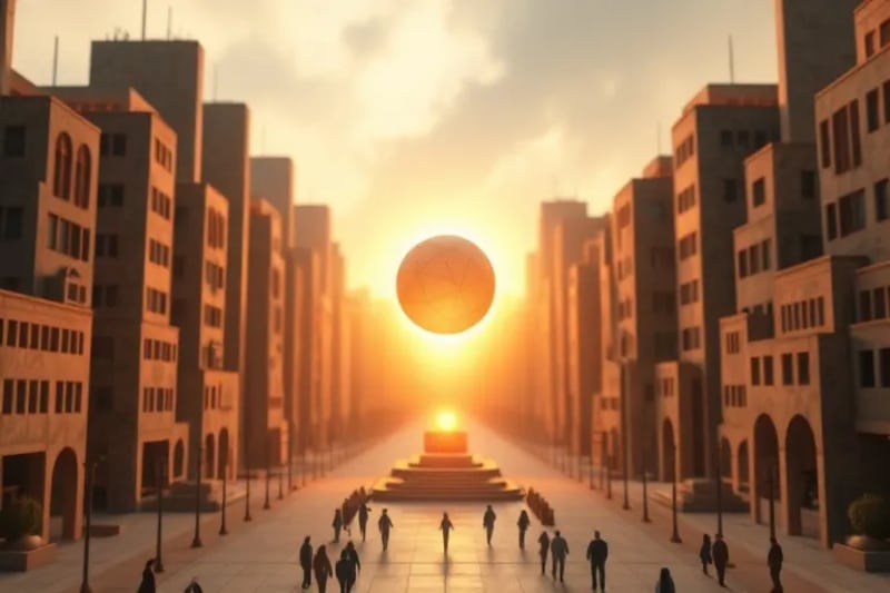 Ondas de sonido disipándose en una esfera luminosa en un paisaje urbano estilizado