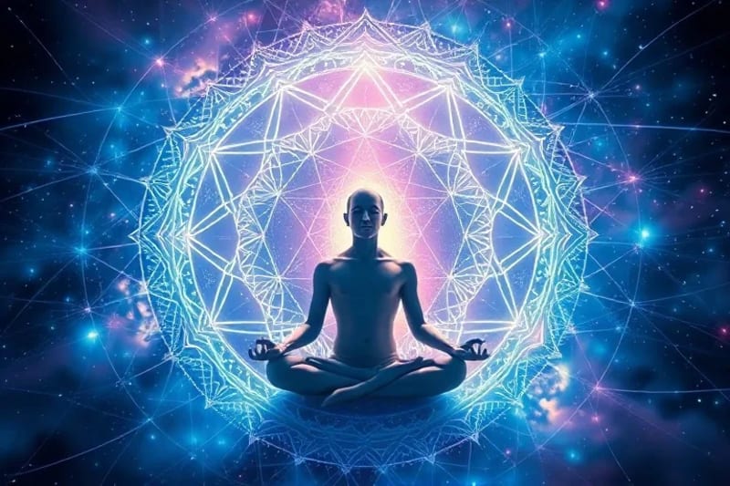 Meditative figure surrounded by geometric forms and sound ripples