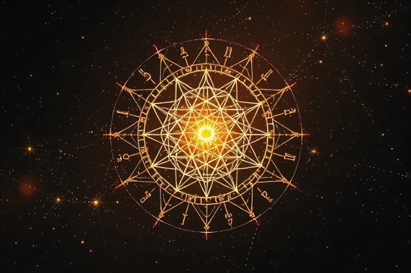 Ancient symbols pulsating with light, connected by energetic lines