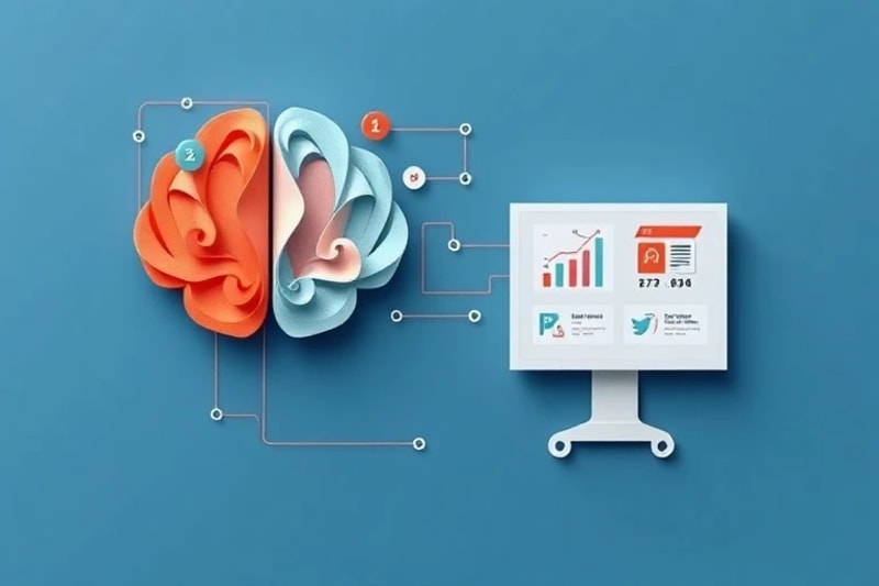 Representación abstracta de datos fluyendo hacia un cerebro, conectado a una interfaz de ecommerce, simbolizando algoritmos de personalización.