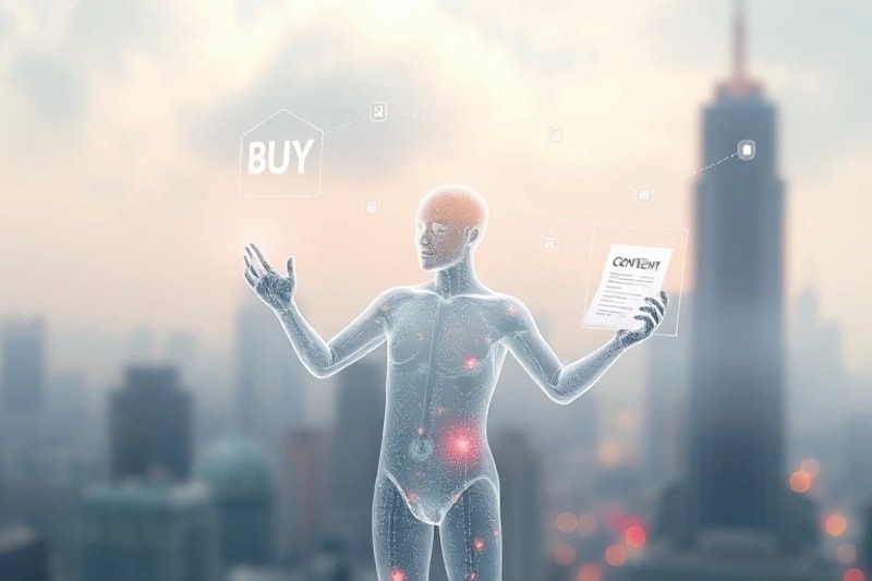 Figura humana estilizada en una balanza digital, rodeada de puntos de datos y escudos de privacidad, con un botón de compra y un formulario de consentimiento.
