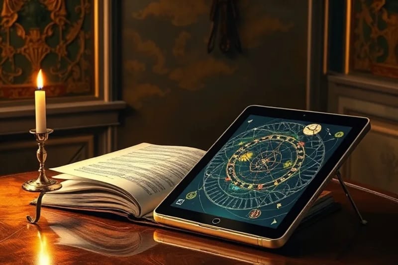 Rich oil painting of an ancient, open book with glowing symbols next to a modern tablet displaying complex algorithms, symbolizing the blend of traditional wisdom and AI technology.