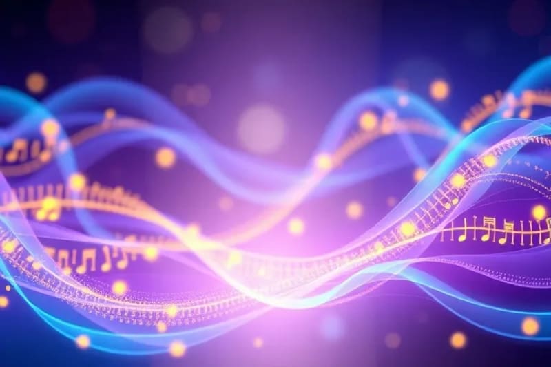 Representación abstracta de ondas cerebrales alfa y theta en tonos azules y morados, entrelazadas con antiguas notaciones musicales doradas, simbolizando la calma mental.
