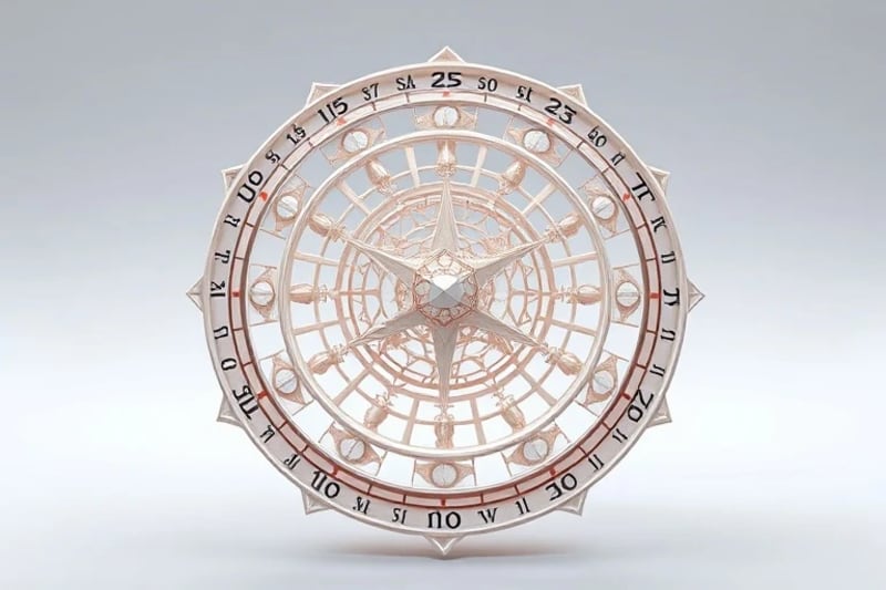 Holographic projection of an astrological chart with dynamic gears and data points, representing predictive models.