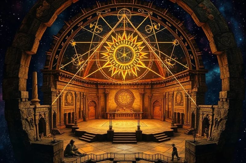 Digital painting of an ancient temple cross-section showing glowing lines of light indicating celestial alignments during solstices, illuminating altars.