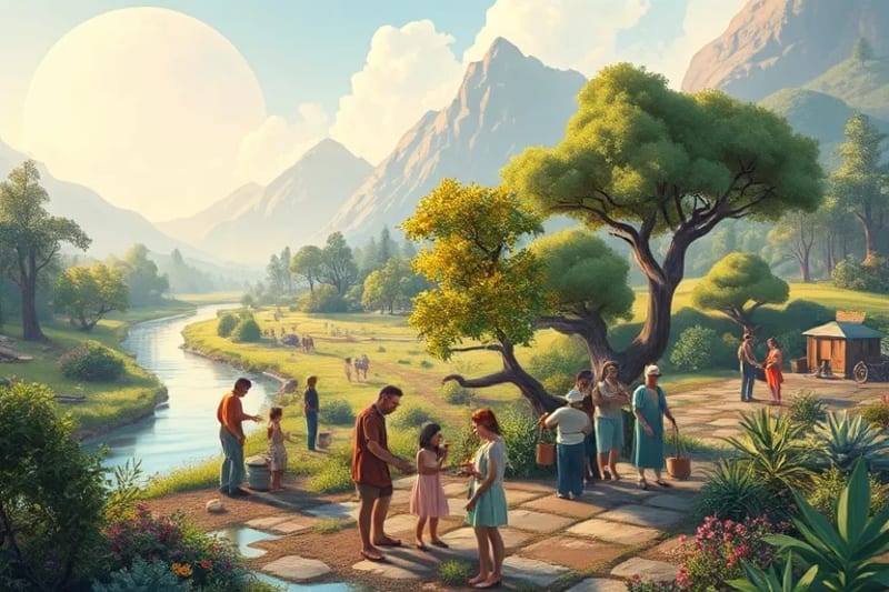 Pintura acuarela de personas de diversas generaciones y culturas plantando árboles, limpiando un río y cuidando un jardín, bajo una luz suave, con rostros de determinación y paz.