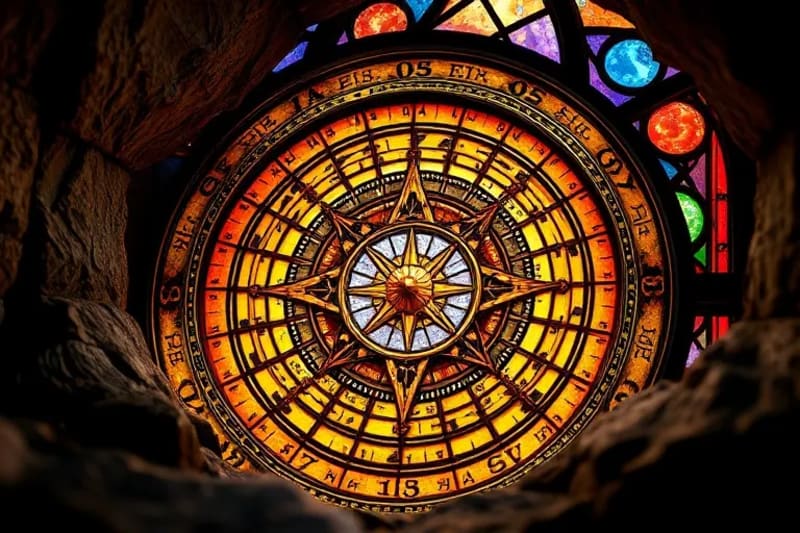 3D render of ancient astronomical tools like an astrolabe and a Mayan calendar stone, partially unearthed from sand, with intricate details and patina.