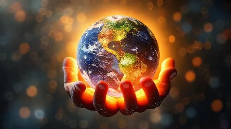 Esfera estilizada y brillante de la Tierra, sostenida suavemente por dos manos etéreas y translúcidas, con sutiles signos de curación y regeneración, contrastando con sombras de daño ambiental, en un fondo cósmico borroso.