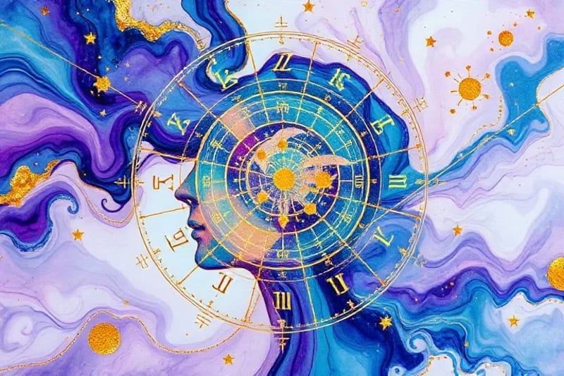 Proyección holográfica de un aura humana interactuando con un mapa celestial, mostrando patrones energéticos intrincados y partículas de luz que representan información akáshica.
