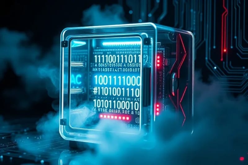 Representación conceptual de datos protegidos en la nube, con un contenedor de cristal y un entorno digital seguro.
