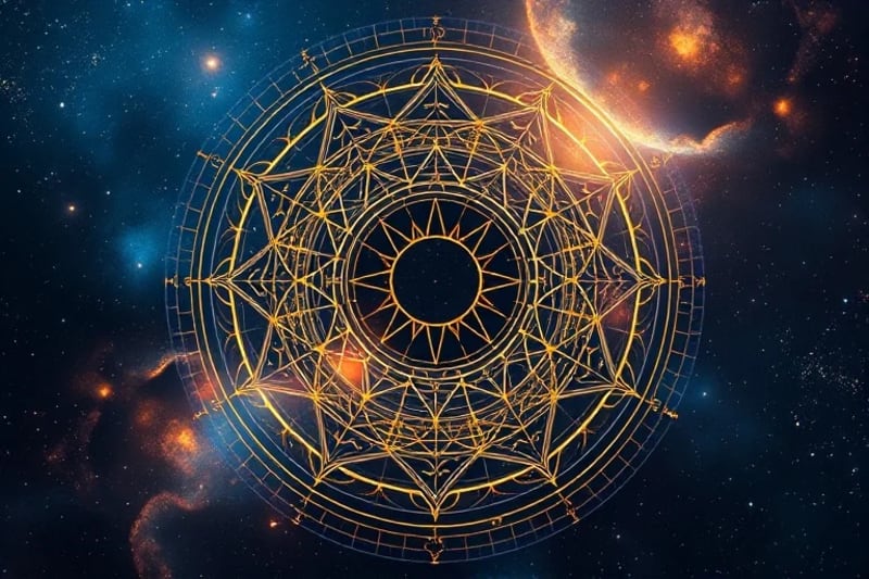 A digital painting of a natal chart with abstract energy fields representing dwarf planets interacting with houses and aspects, showing subtle influences.