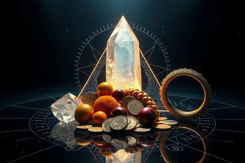 A 3D render of symbolic objects representing Eris (cracked crystal), Makemake (cornucopia), and Haumea (Mobius strip), arranged on a dark surface.