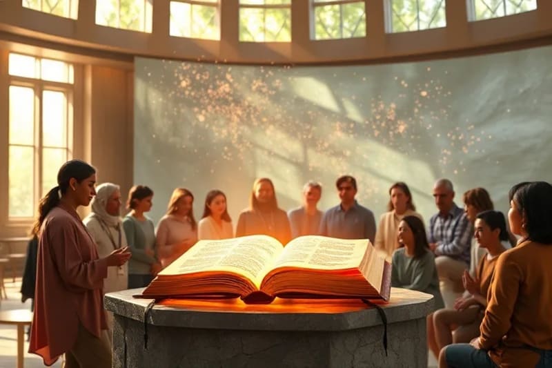 Grupo diverso de personas interactuando con proyecciones holográficas que muestran textos espirituales y foros de comunidad, en un espacio moderno y luminoso.