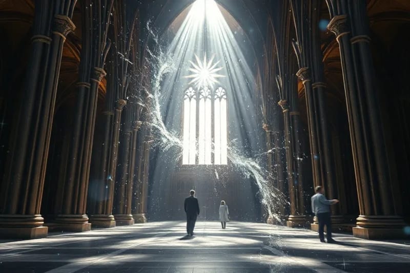 Vórtice abstracto de luz y datos con formas humanas y símbolos espirituales emergiendo y disolviéndose, sobre un fondo cósmico.