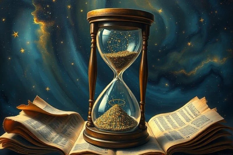 Reloj de arena con arena estelar, rodeado de pergaminos antiguos y una galaxia, simbolizando el paso del tiempo y la sabiduría cósmica de vidas pasadas.
