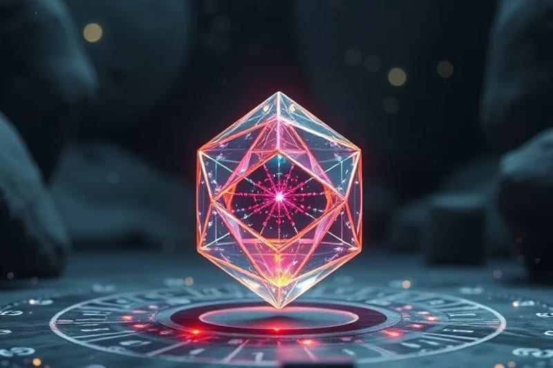 Cristal tetraedro radiante con proyecciones holográficas de secuencias numéricas, representando el crecimiento espiritual y las lecciones del alma.