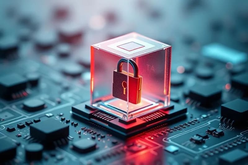 Cubo de datos transparente con escudo de privacidad y elementos legales abstractos