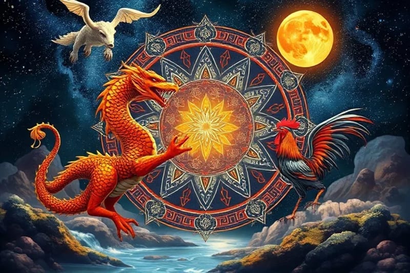 A digital painting showing elemental forces represented by stylized Chinese Zodiac animals, emphasizing compatibility and energetic flow in a balanced landscape.
