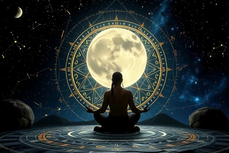 A mystical scene of an ancient scholar meditating under a full moon, surrounded by lunar phases and astrological charts, symbolizing deep cosmic connection.