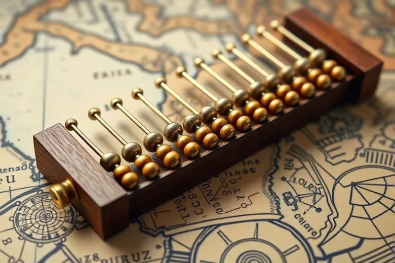 Detalle artístico de un ábaco griego antiguo de madera y bronce, con fichas de cálculo, sobre un fondo de pergaminos con notaciones matemáticas.