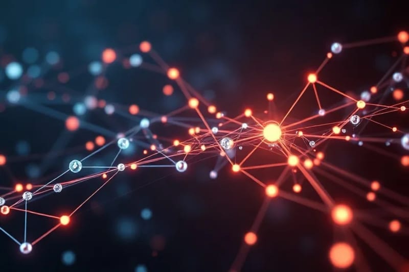 Representación abstracta de nodos interconectados y líneas luminosas que simulan una red neuronal o un sistema de computación cuántica, con datos fluyendo.