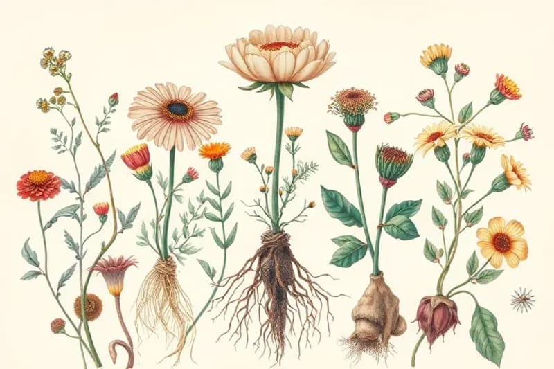 Detailed botanical illustrations of medicinal plants and roots