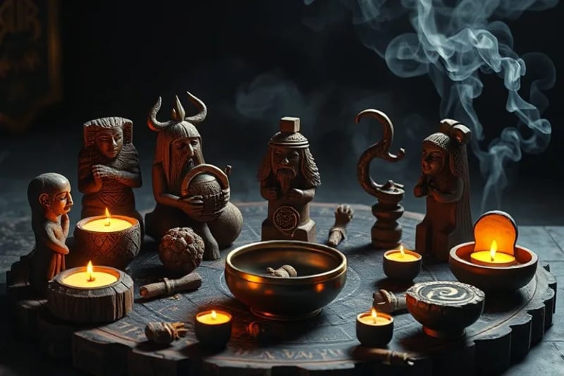 Stylized representation of ancient shamanic tools and glowing runes
