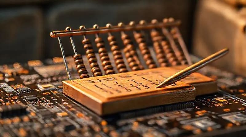 Composición de un stylus griego antiguo y una tablilla de cera con inscripciones, junto a un ábaco de madera tallada, iluminados por una luz cálida lateral que realza las texturas.