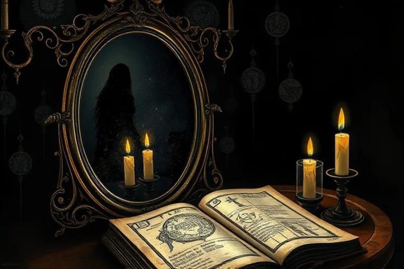 Surreal oil painting of a tarnished mirror reflecting a shadowy form, a flickering candle, and an ancient journal, symbolizing introspection and hidden truths.